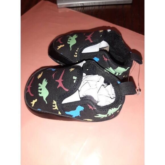 Infant Size 2 Black Canvas Dinosaur Slip On Soft Elastic Side Shoes - Picture 2 of 4